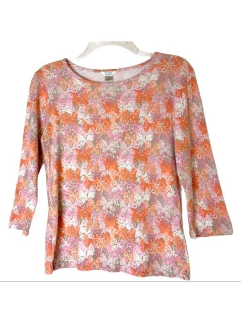 Christopher & Banks Pink Top-Size S-Orange Pastel Butterfly Floral 3/4 Sleeve
